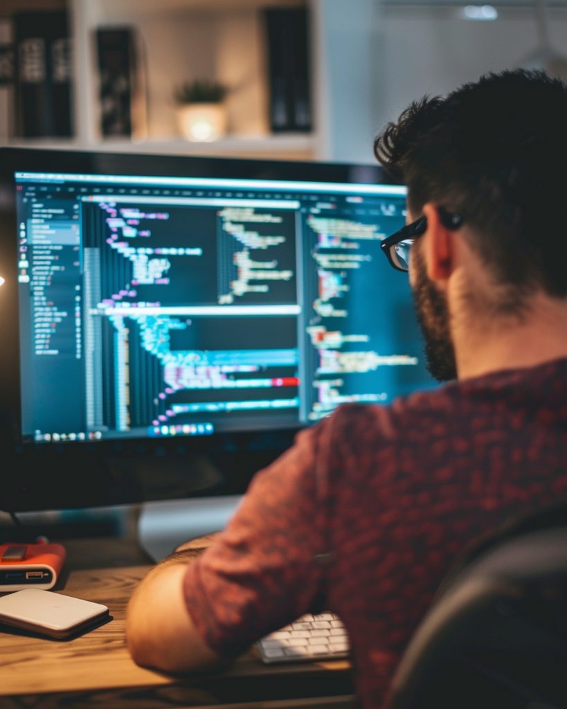 Man looking at computer screen work picture